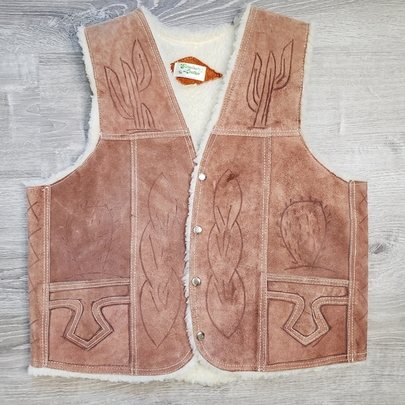 Vintage Other - 1970s Retro GENUINE LEATHER Tan Brown Suede Vest Western Cactus Design